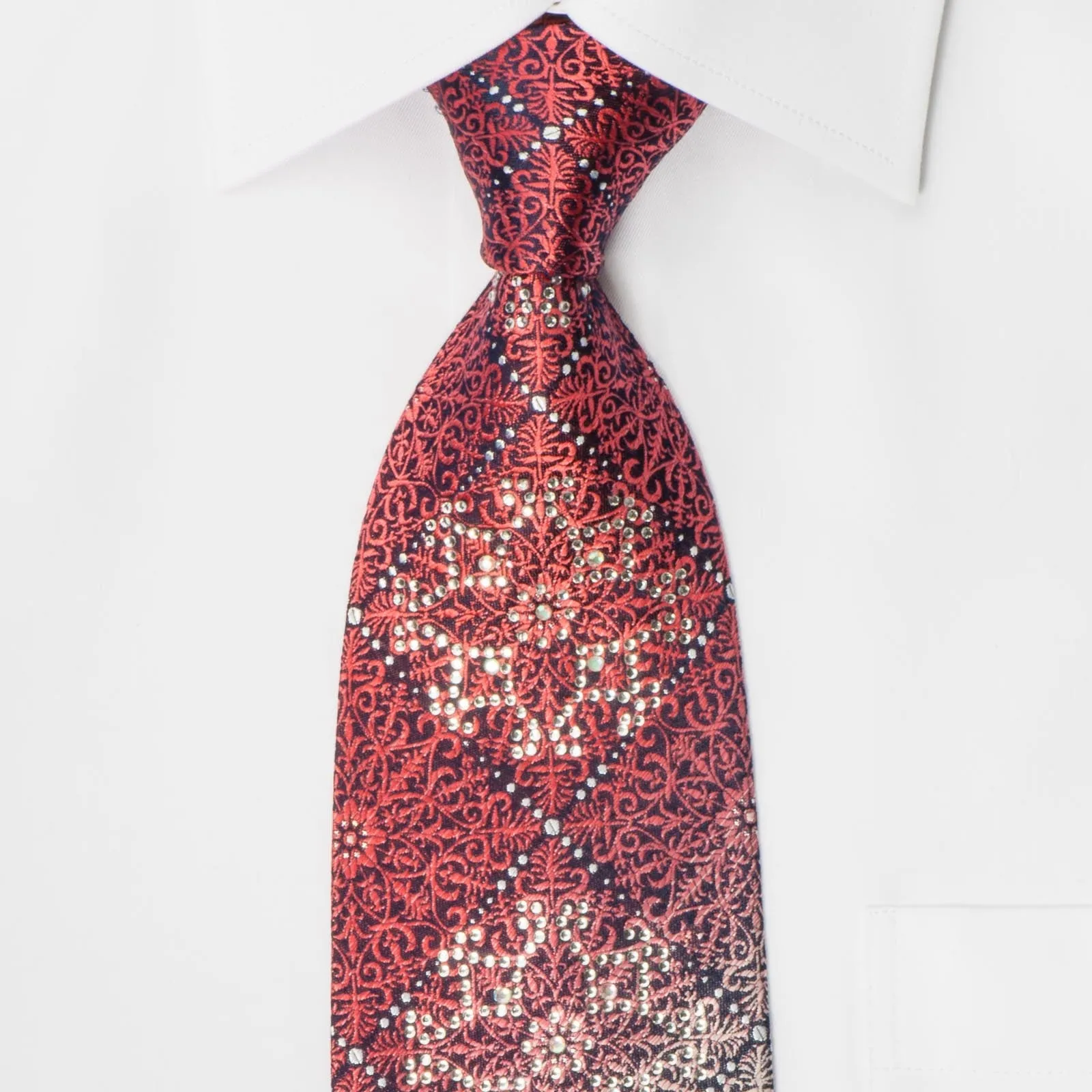 OVO Classic Rhinestone Necktie Red Anthemion On Black With Silver Sparkles