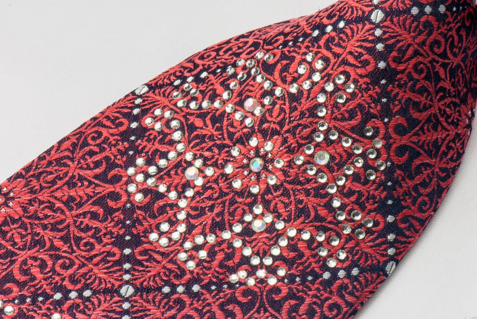 OVO Classic Rhinestone Necktie Red Anthemion On Black With Silver Sparkles