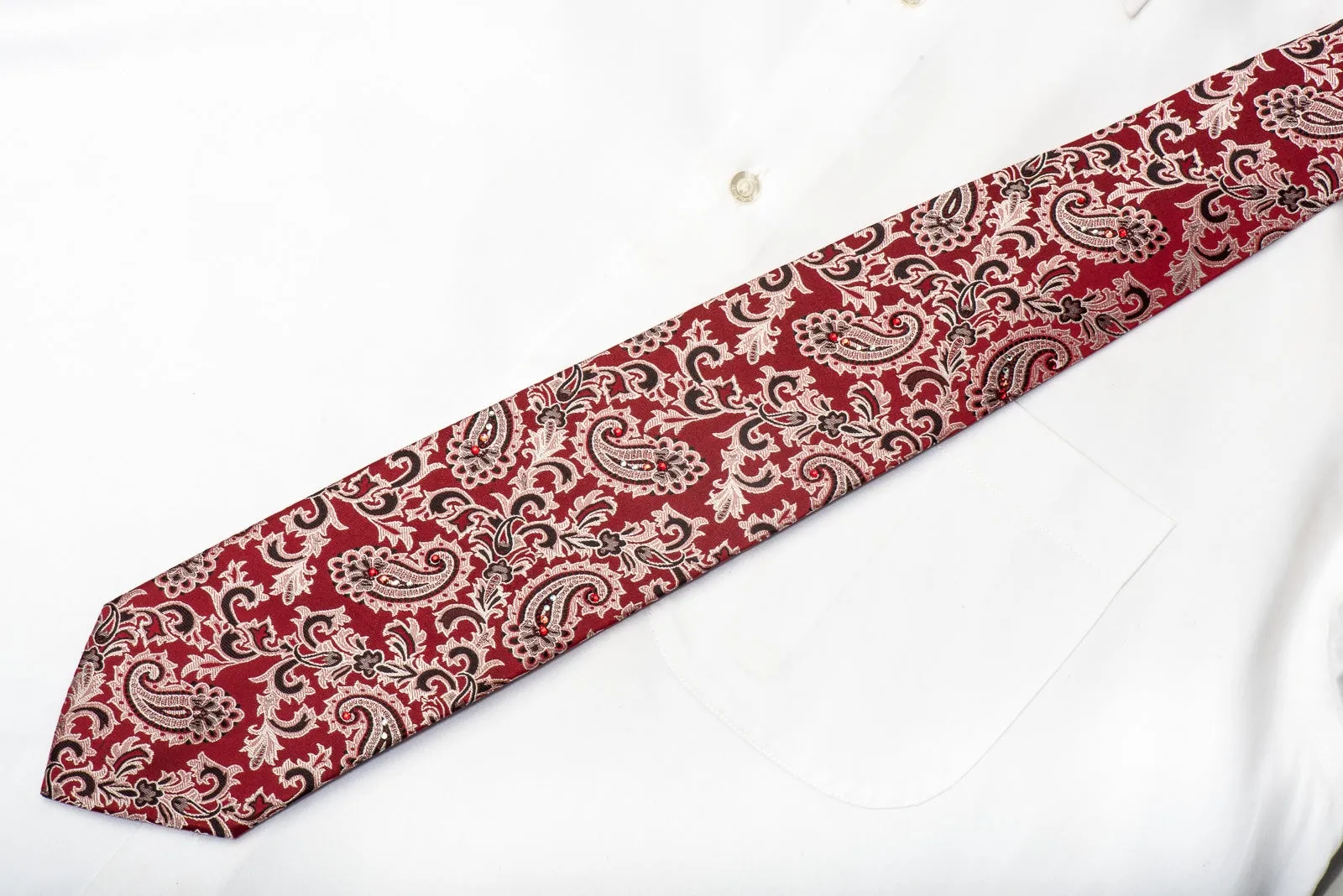 Paco Rabanne Men's Silk Necktie Acanthus Paisley On Burgundy Sparkling With Rhinestones