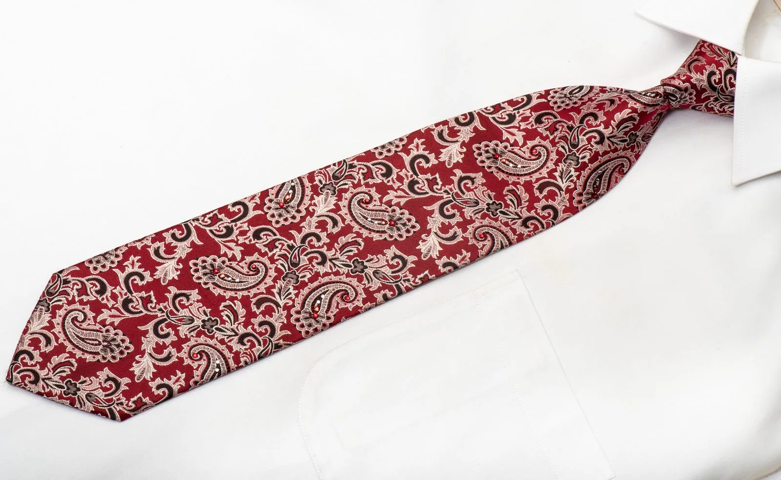 Paco Rabanne Men's Silk Necktie Acanthus Paisley On Burgundy Sparkling With Rhinestones