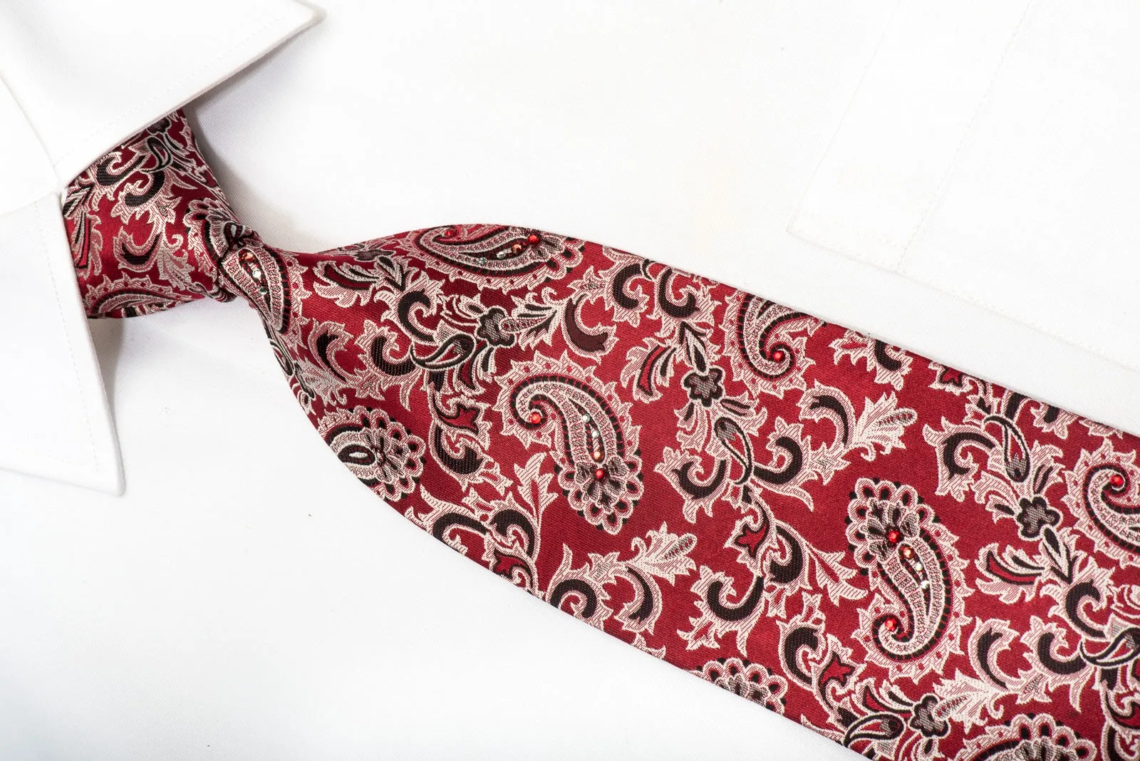 Paco Rabanne Men's Silk Necktie Acanthus Paisley On Burgundy Sparkling With Rhinestones