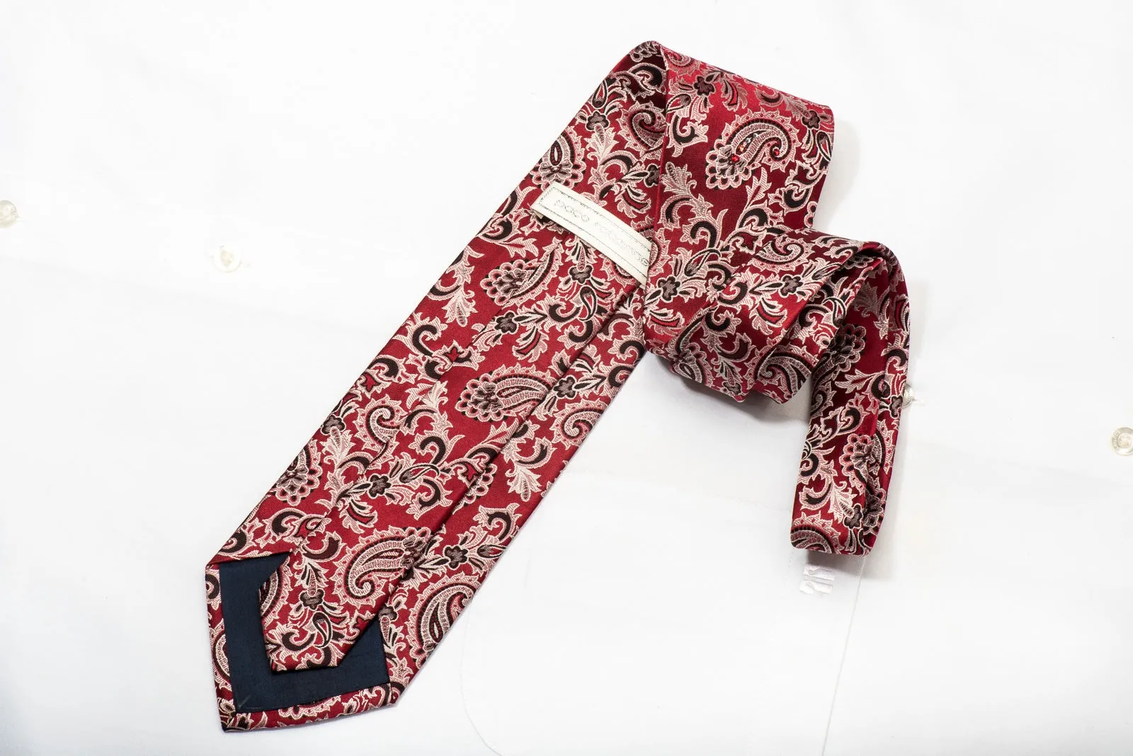 Paco Rabanne Men's Silk Necktie Acanthus Paisley On Burgundy Sparkling With Rhinestones