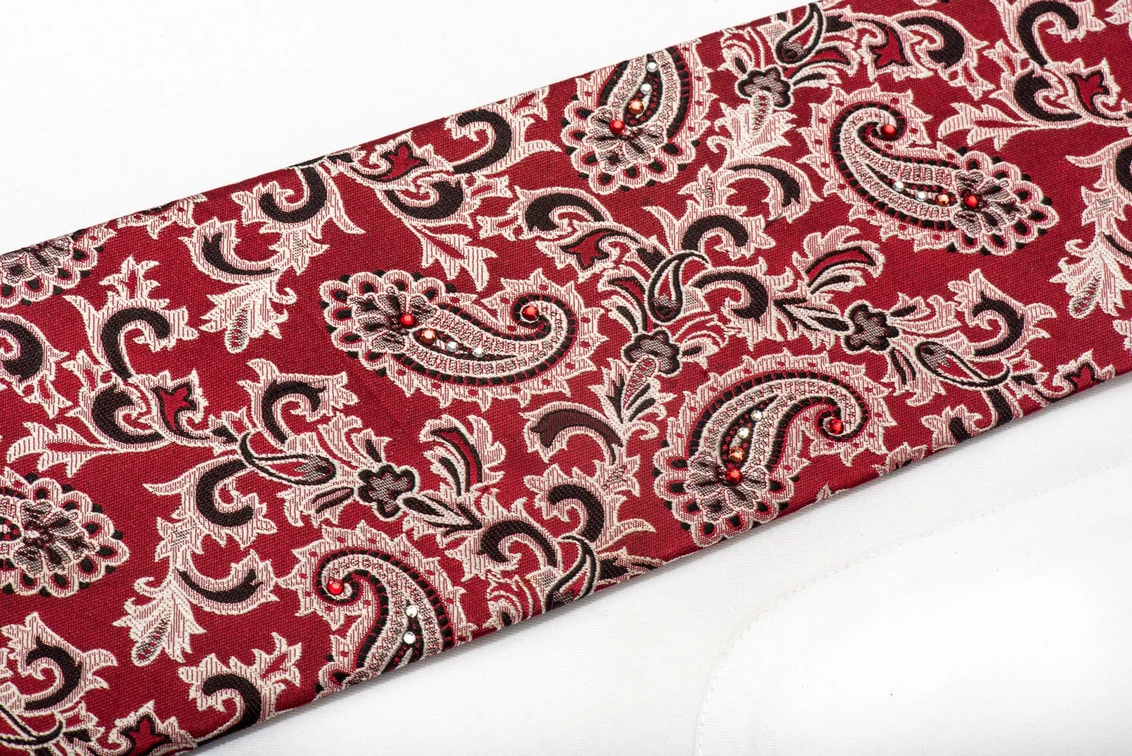 Paco Rabanne Men's Silk Necktie Acanthus Paisley On Burgundy Sparkling With Rhinestones