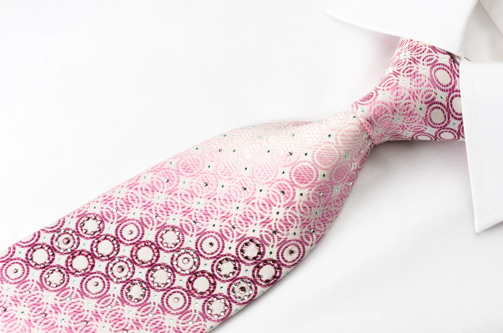 Paco Rabanne Rhinestone Silk Necktie Geometric Circles On Pink With Blue Sparkles