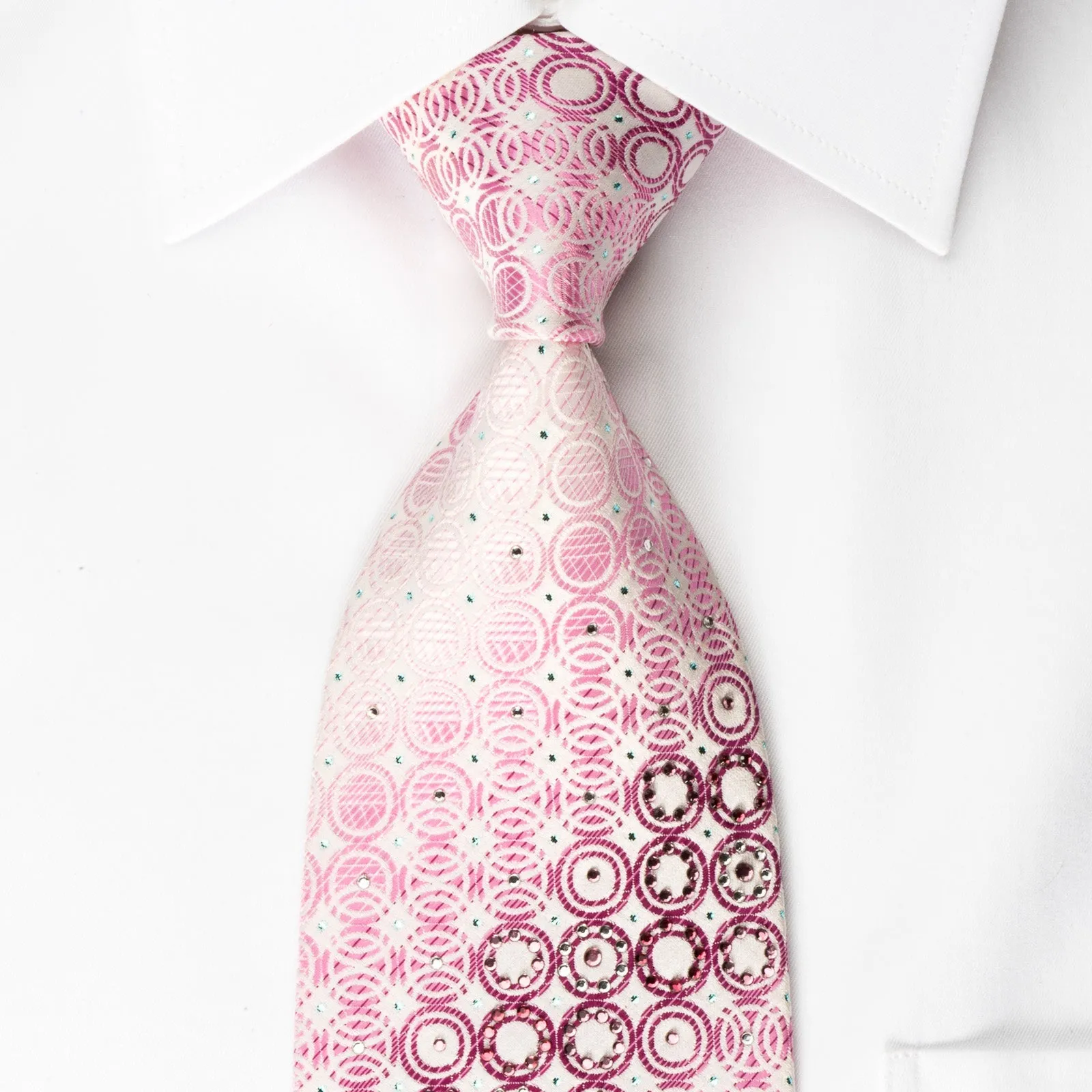 Paco Rabanne Rhinestone Silk Necktie Geometric Circles On Pink With Blue Sparkles