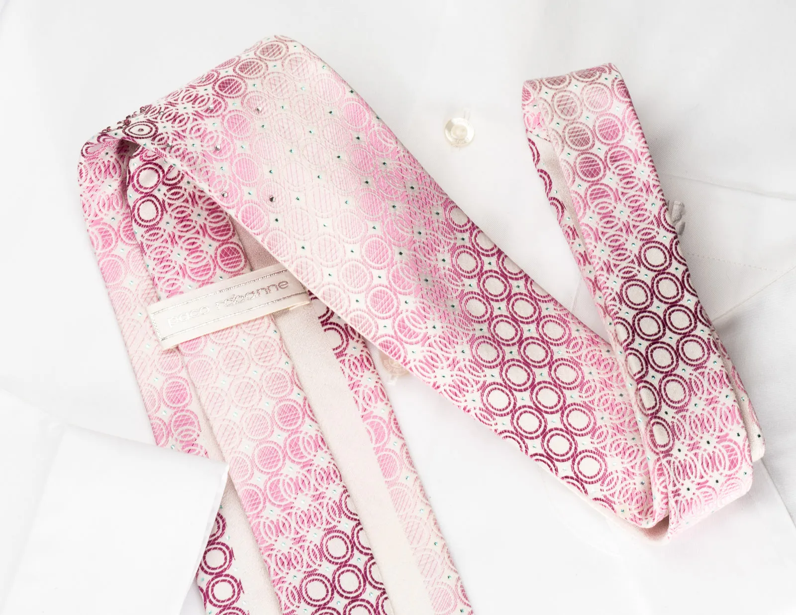 Paco Rabanne Rhinestone Silk Necktie Geometric Circles On Pink With Blue Sparkles