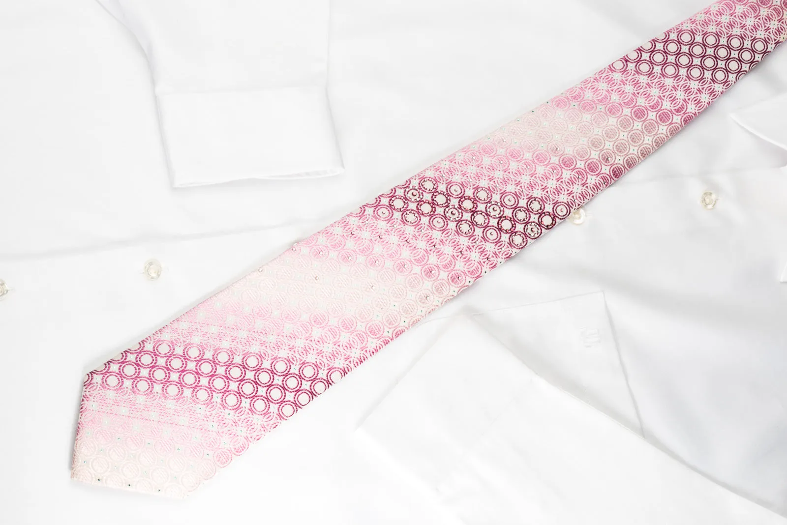 Paco Rabanne Rhinestone Silk Necktie Geometric Circles On Pink With Blue Sparkles