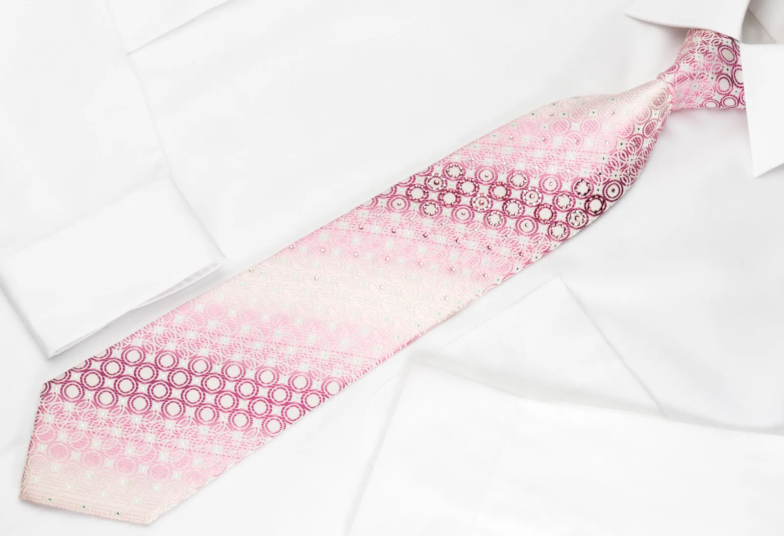 Paco Rabanne Rhinestone Silk Necktie Geometric Circles On Pink With Blue Sparkles