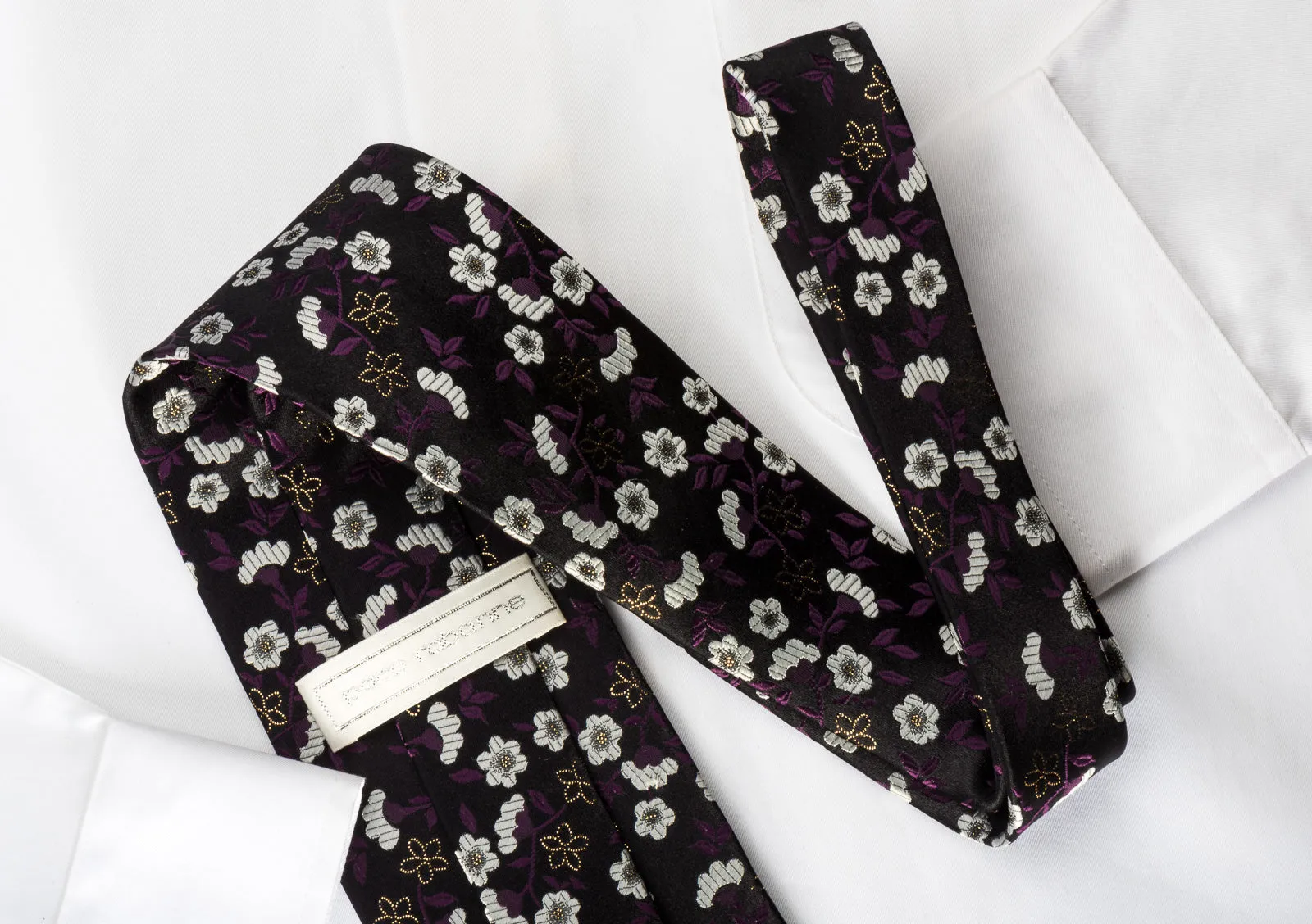 Paco Rabanne Rhinestone Silk Tie Silver Floral On Black With Silver Sparkles