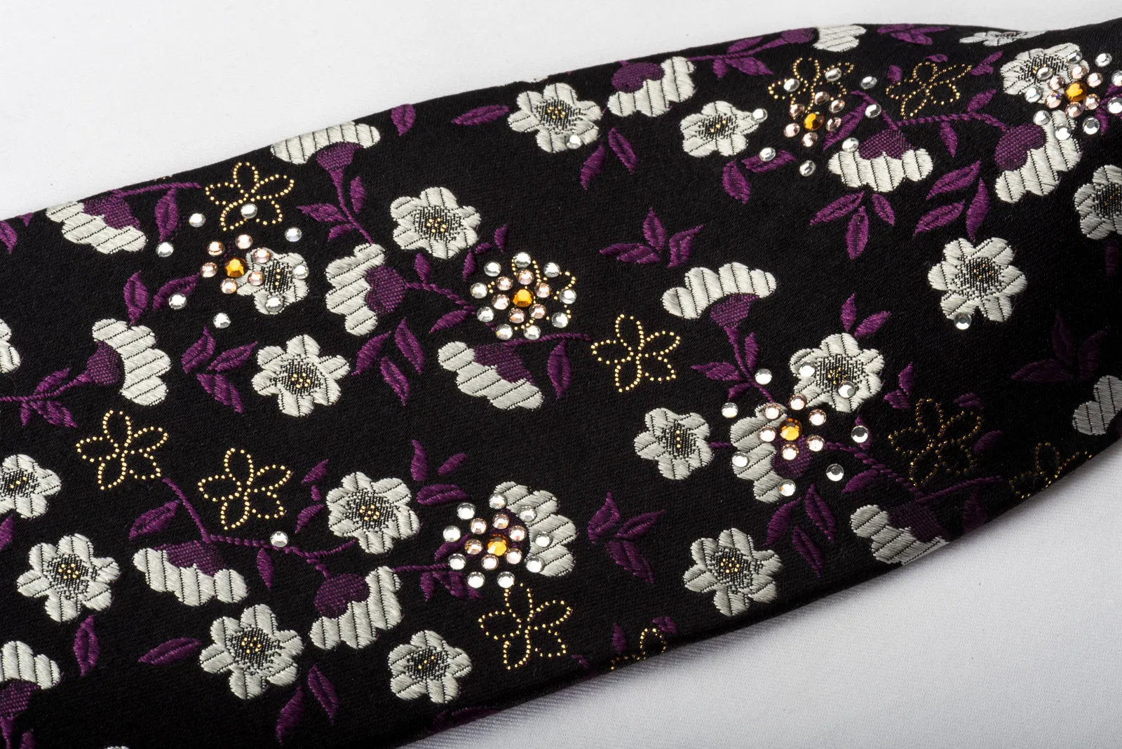 Paco Rabanne Rhinestone Silk Tie Silver Floral On Black With Silver Sparkles