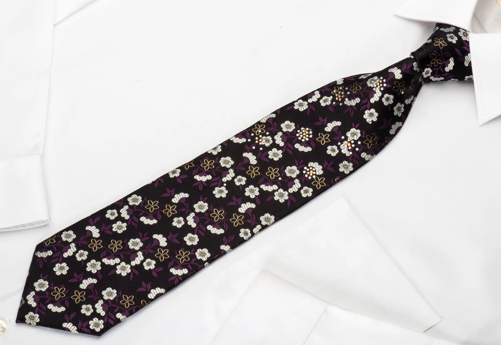 Paco Rabanne Rhinestone Silk Tie Silver Floral On Black With Silver Sparkles