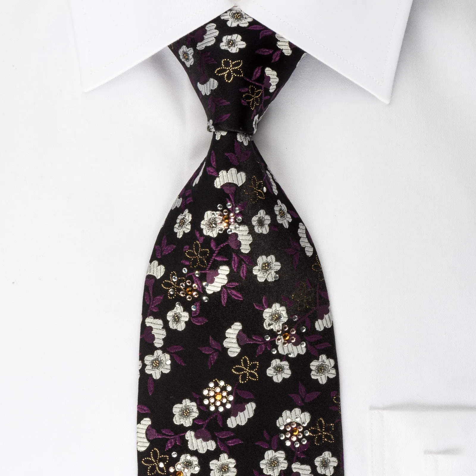 Paco Rabanne Rhinestone Silk Tie Silver Floral On Black With Silver Sparkles