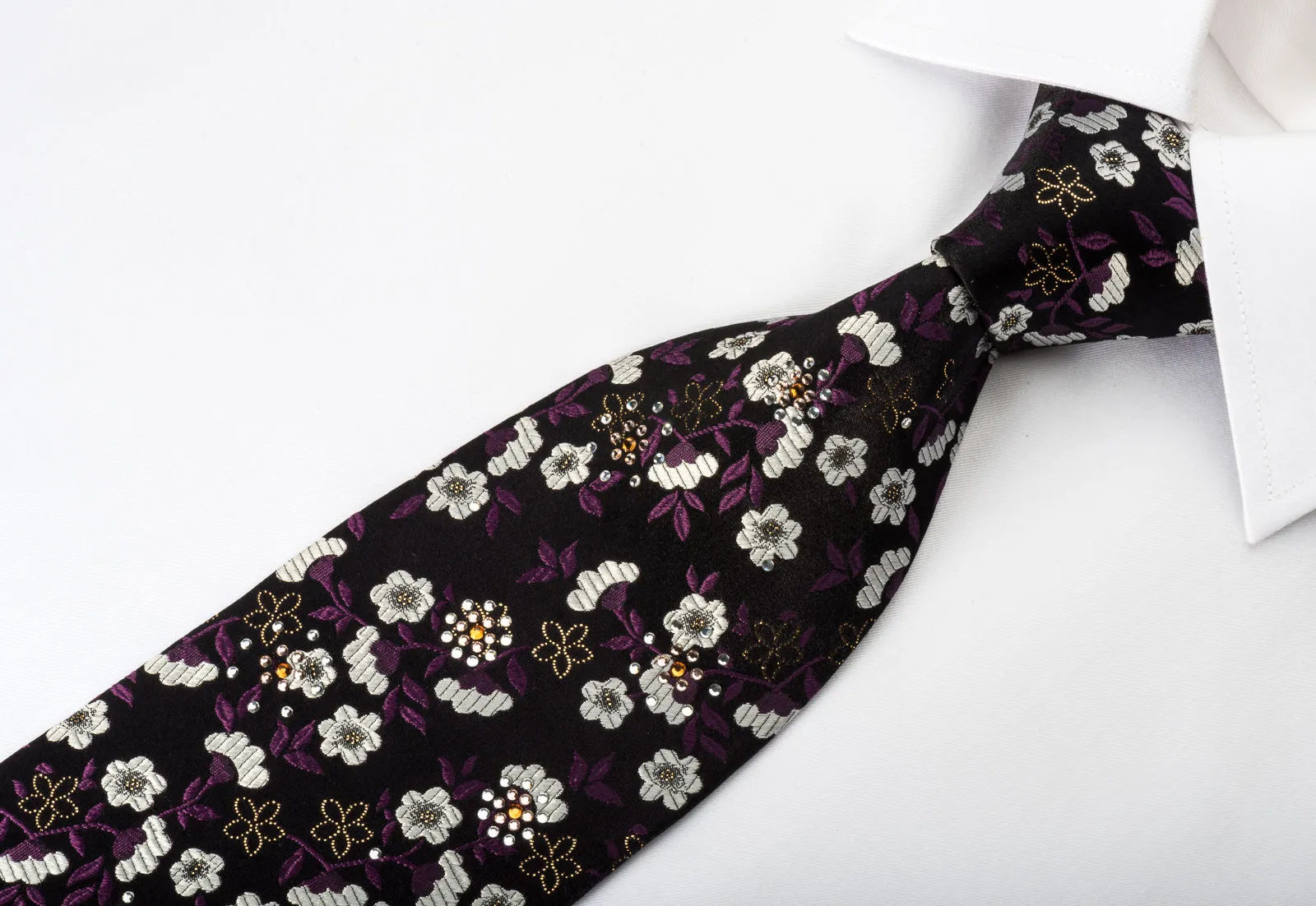 Paco Rabanne Rhinestone Silk Tie Silver Floral On Black With Silver Sparkles