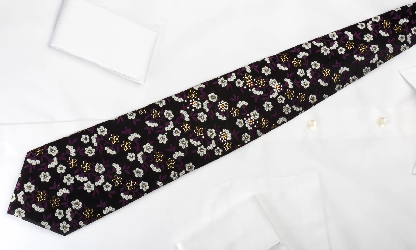 Paco Rabanne Rhinestone Silk Tie Silver Floral On Black With Silver Sparkles