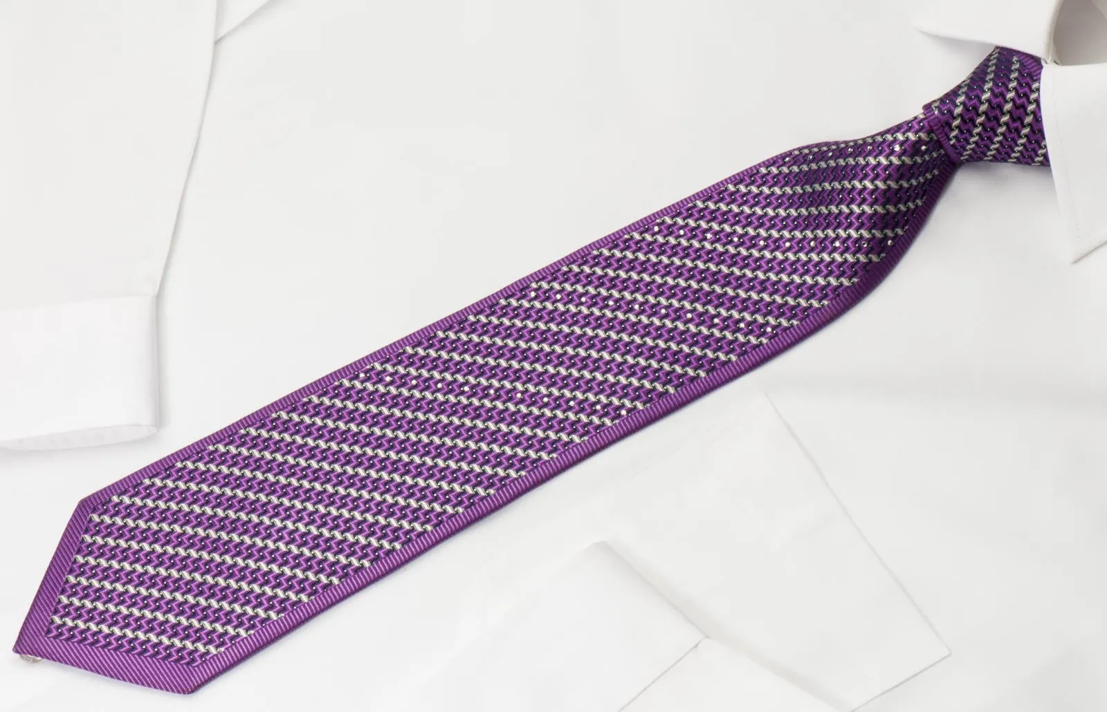 Paco Rabanne Silk Rhinestone Necktie Silver Stripes On Purple With Silver Sparkles