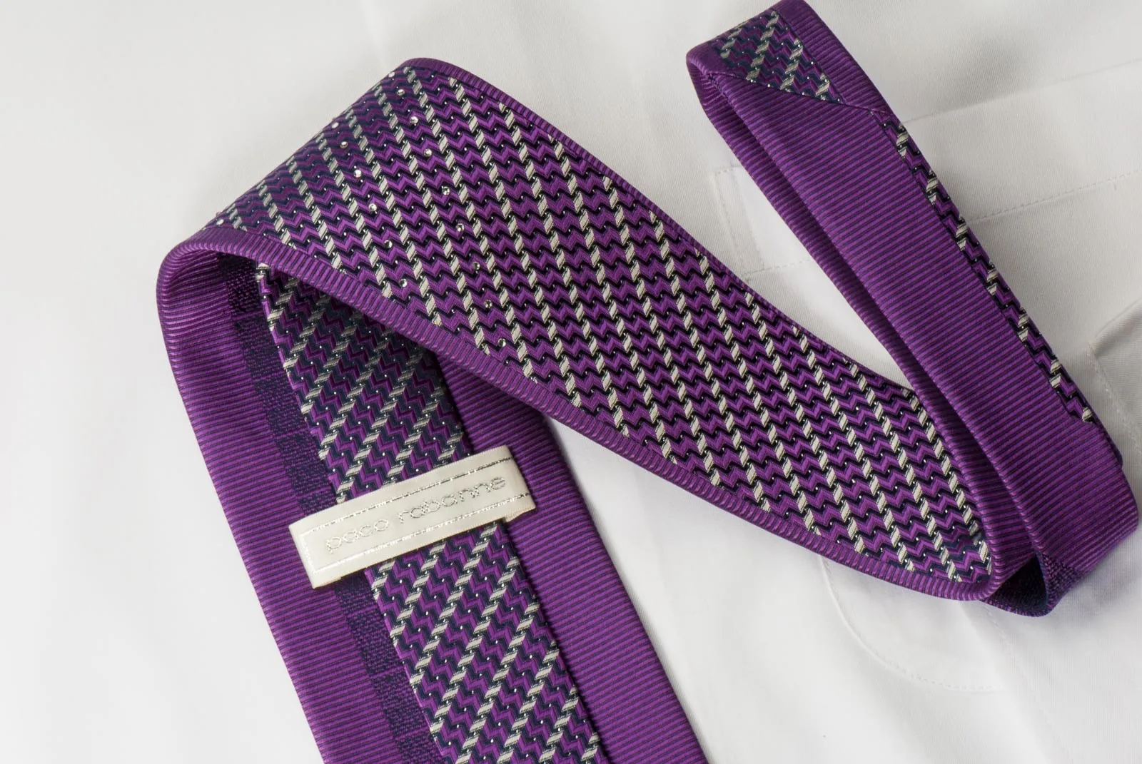 Paco Rabanne Silk Rhinestone Necktie Silver Stripes On Purple With Silver Sparkles