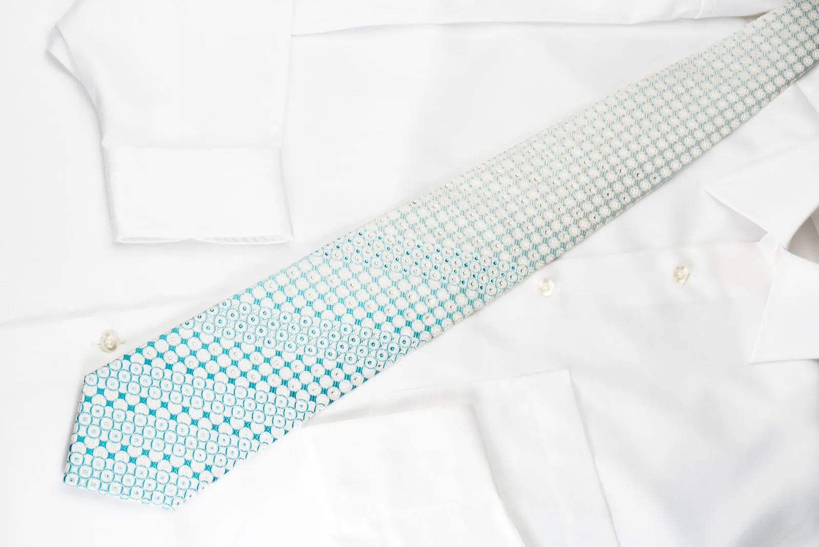 Park Land Rhinestone Silk Necktie Blue Geometric On White With Silver Sparkles