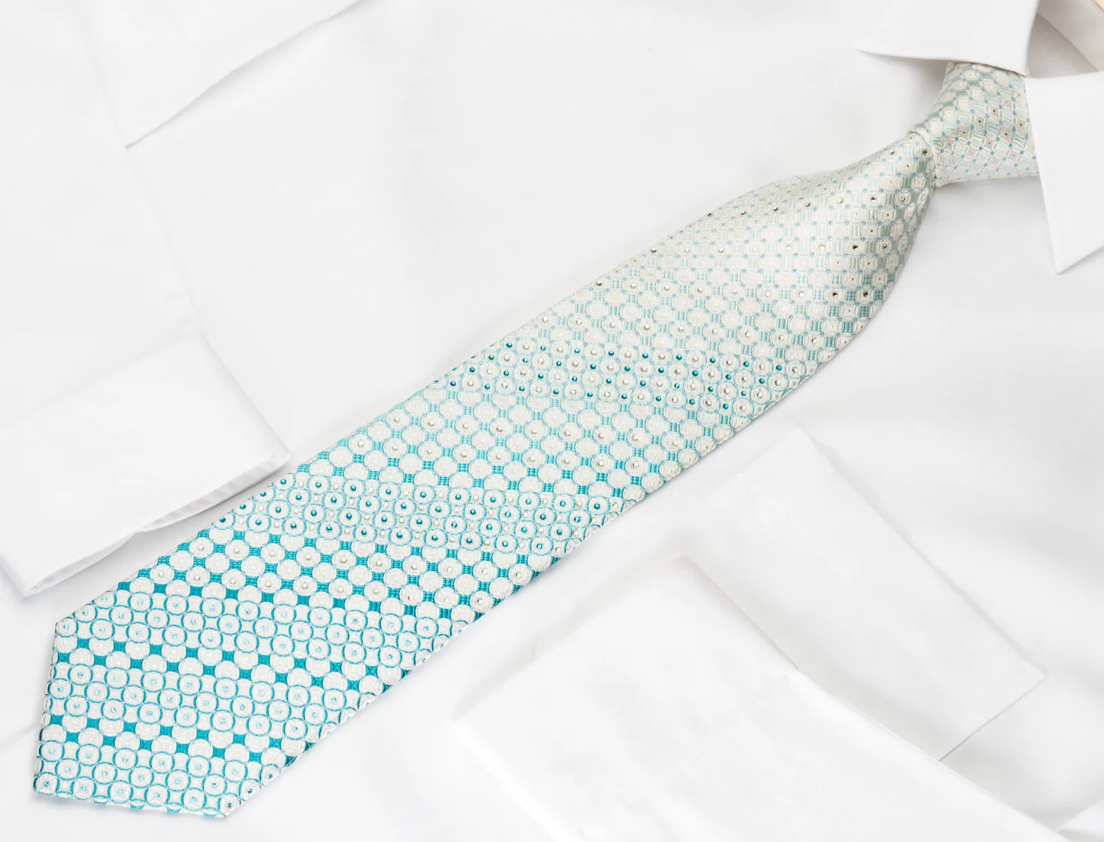 Park Land Rhinestone Silk Necktie Blue Geometric On White With Silver Sparkles