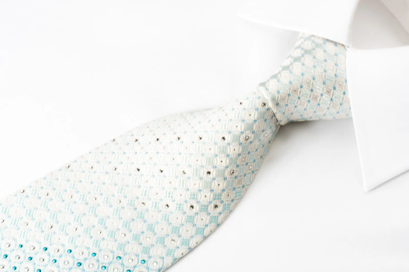 Park Land Rhinestone Silk Necktie Blue Geometric On White With Silver Sparkles