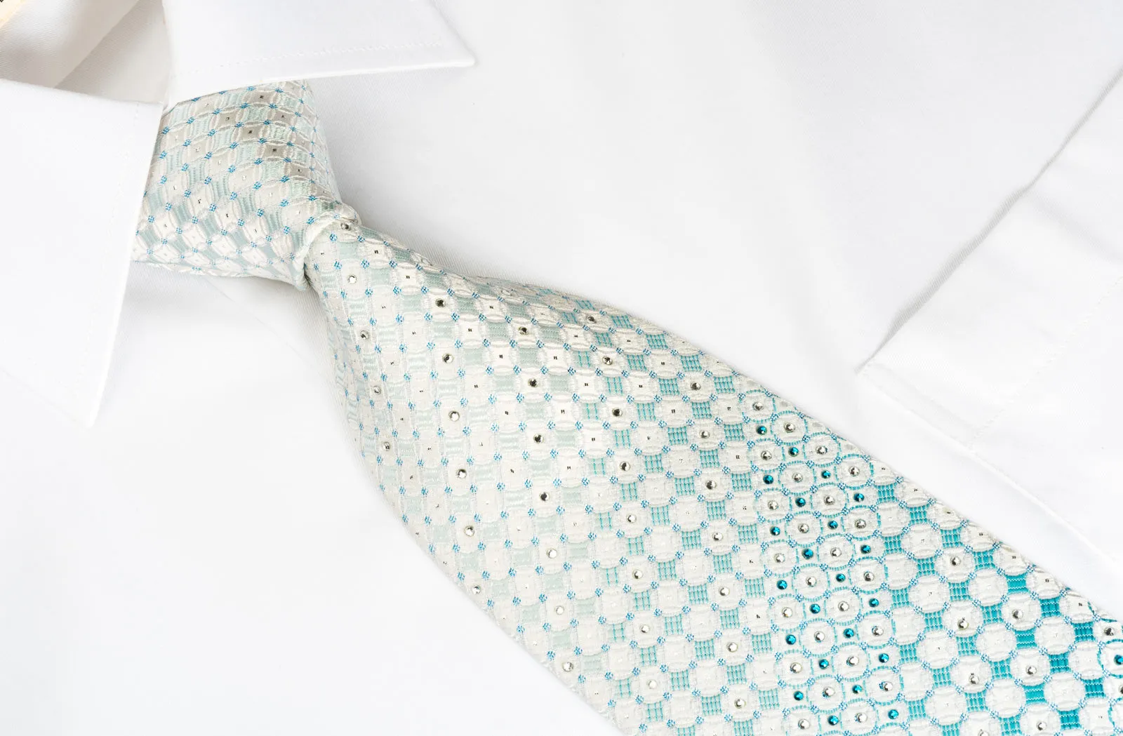 Park Land Rhinestone Silk Necktie Blue Geometric On White With Silver Sparkles