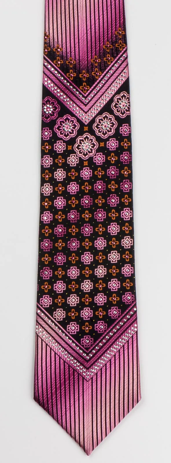 Perry Ellis Men's Silk Neck Tie Pink Quatrefoil Motif Design On Black