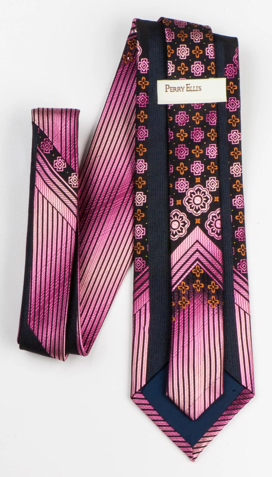 Perry Ellis Men's Silk Neck Tie Pink Quatrefoil Motif Design On Black