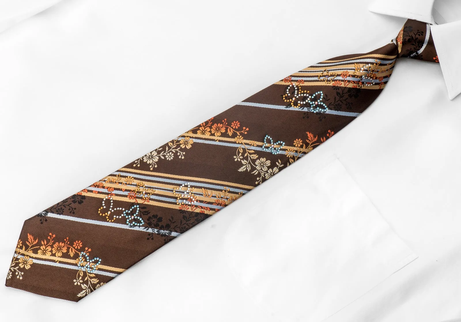 Perry Ellis Men's Silk Necktie Striped With Butterfly's On Brown Sparkling With Rhinestones