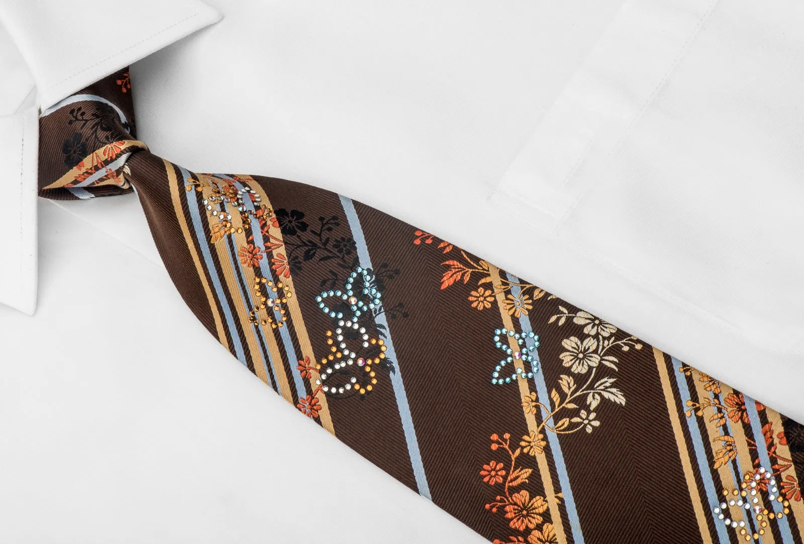 Perry Ellis Men's Silk Necktie Striped With Butterfly's On Brown Sparkling With Rhinestones