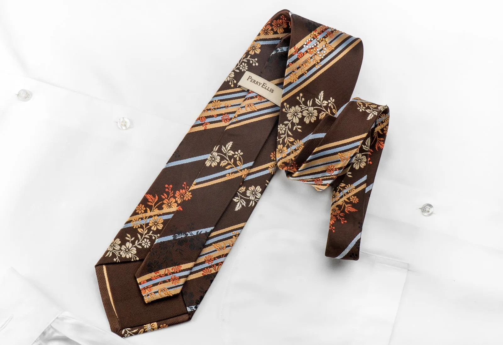 Perry Ellis Men's Silk Necktie Striped With Butterfly's On Brown Sparkling With Rhinestones