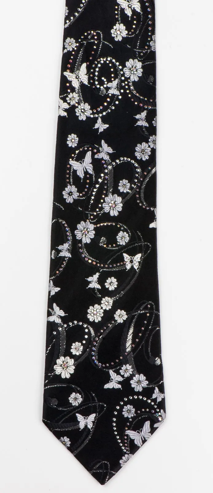 Perry Ellis Necktie Silver Floral & Butterflies On Black Silk With Rhinestones