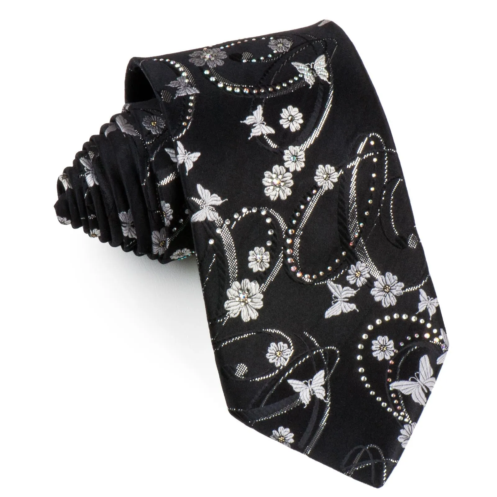 Perry Ellis Necktie Silver Floral & Butterflies On Black Silk With Rhinestones