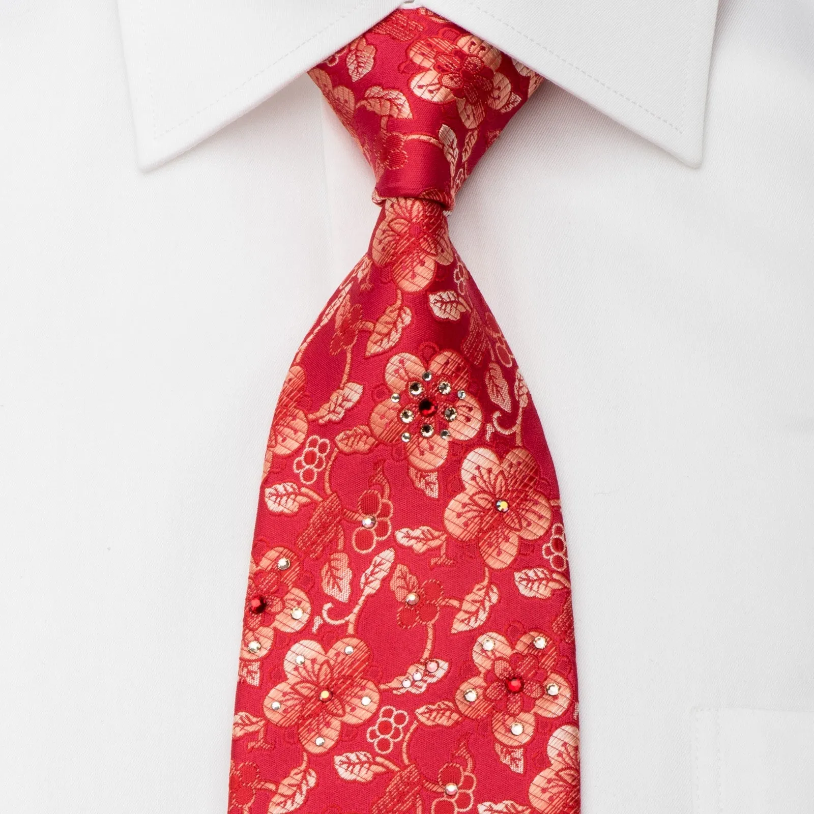 Pierre Cardin Mens Silk Necktie Floral On Red Sparkling With Rhinestones