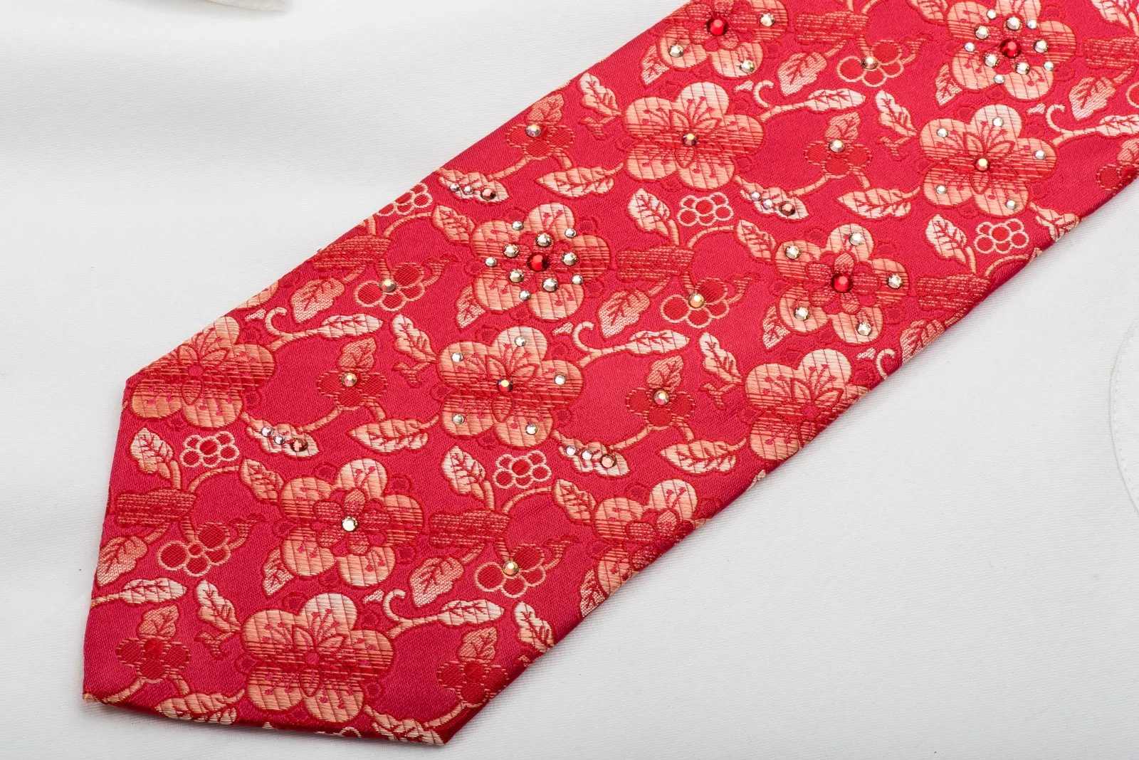 Pierre Cardin Mens Silk Necktie Floral On Red Sparkling With Rhinestones