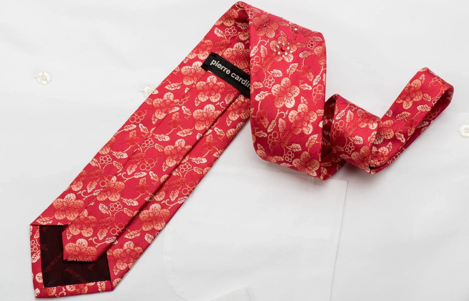 Pierre Cardin Mens Silk Necktie Floral On Red Sparkling With Rhinestones