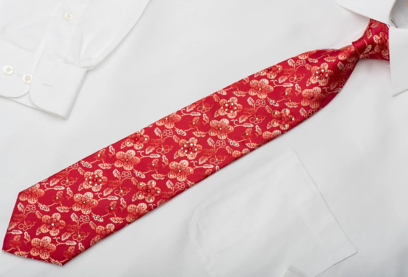 Pierre Cardin Mens Silk Necktie Floral On Red Sparkling With Rhinestones