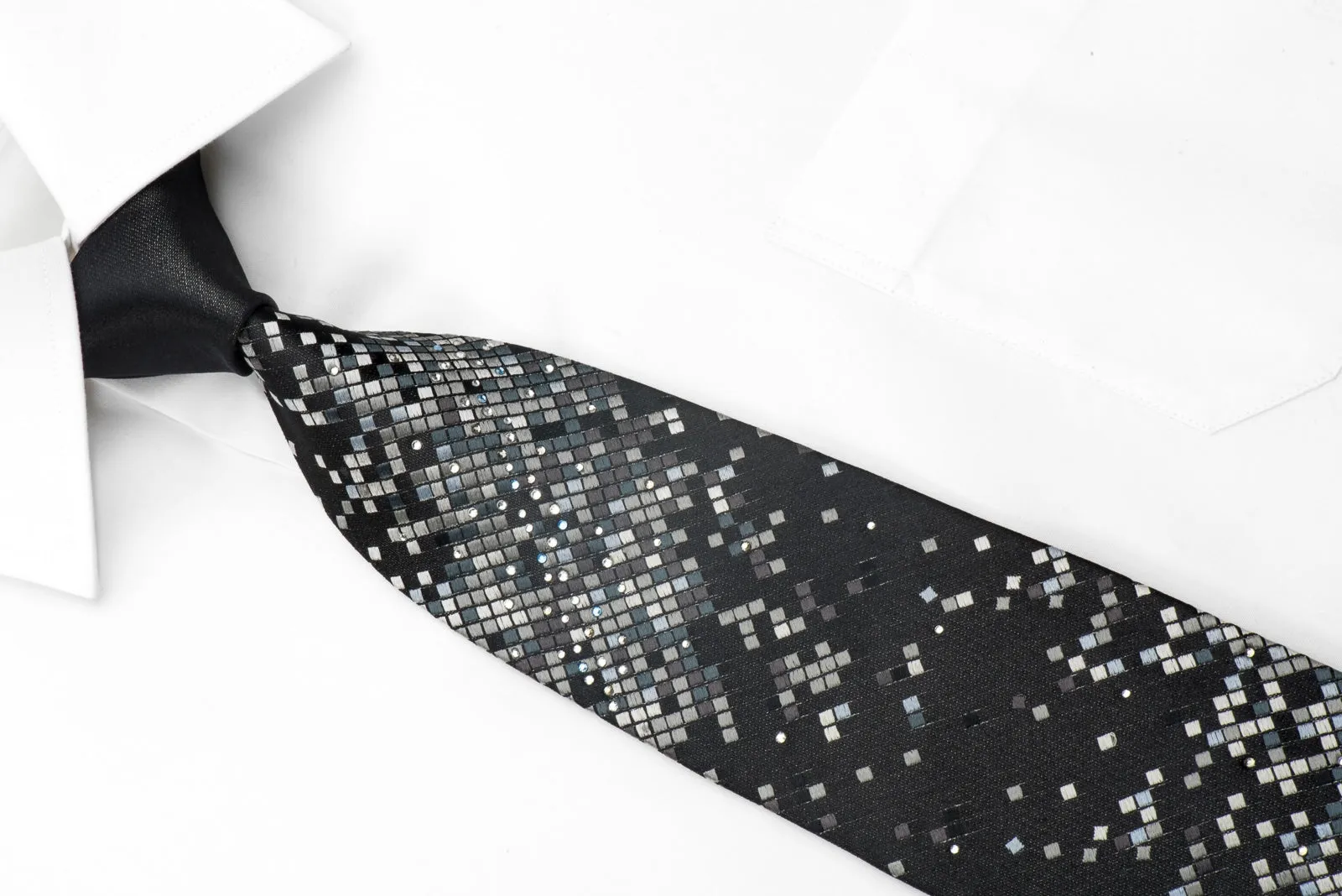 Pierre Cardin Mens Silk Necktie Silver Geometric On Black Embellished With Rhinestones