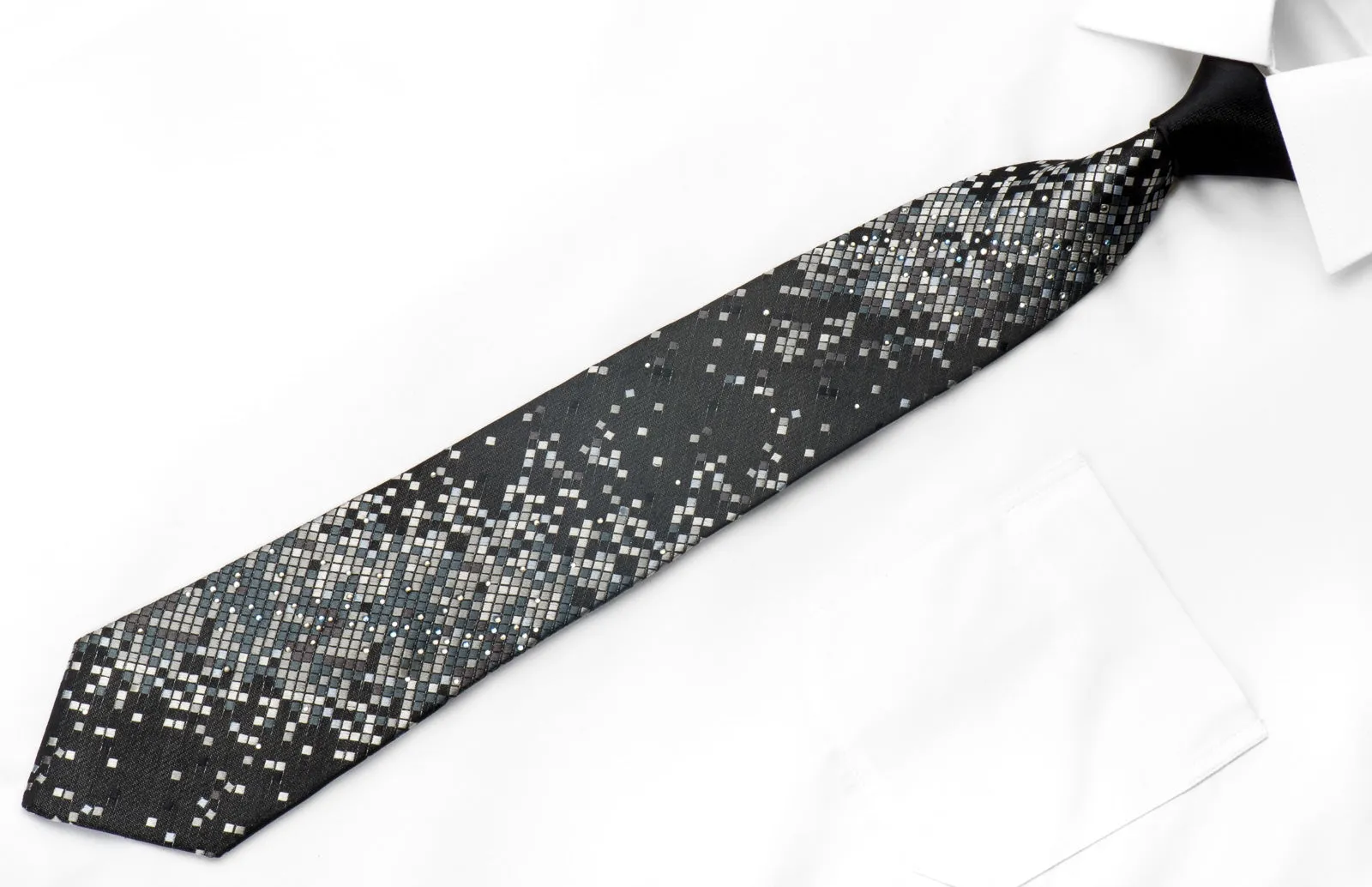 Pierre Cardin Mens Silk Necktie Silver Geometric On Black Embellished With Rhinestones