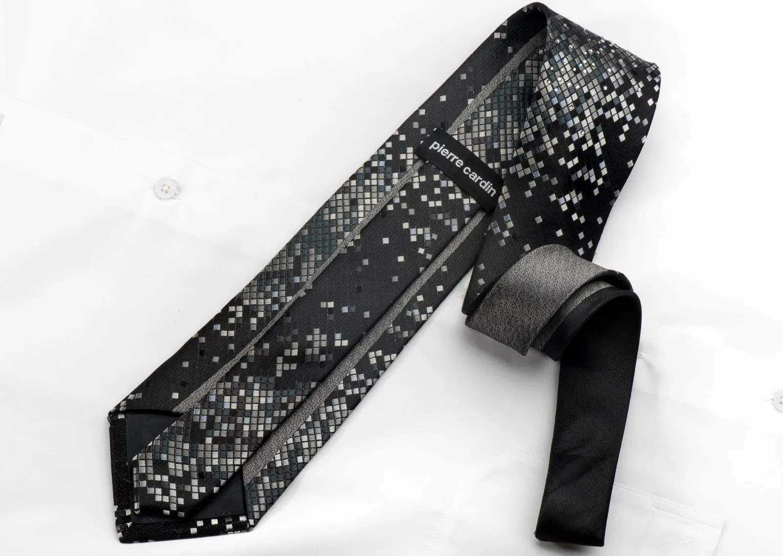 Pierre Cardin Mens Silk Necktie Silver Geometric On Black Embellished With Rhinestones