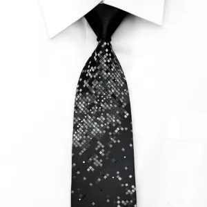 Pierre Cardin Mens Silk Necktie Silver Geometric On Black Embellished With Rhinestones