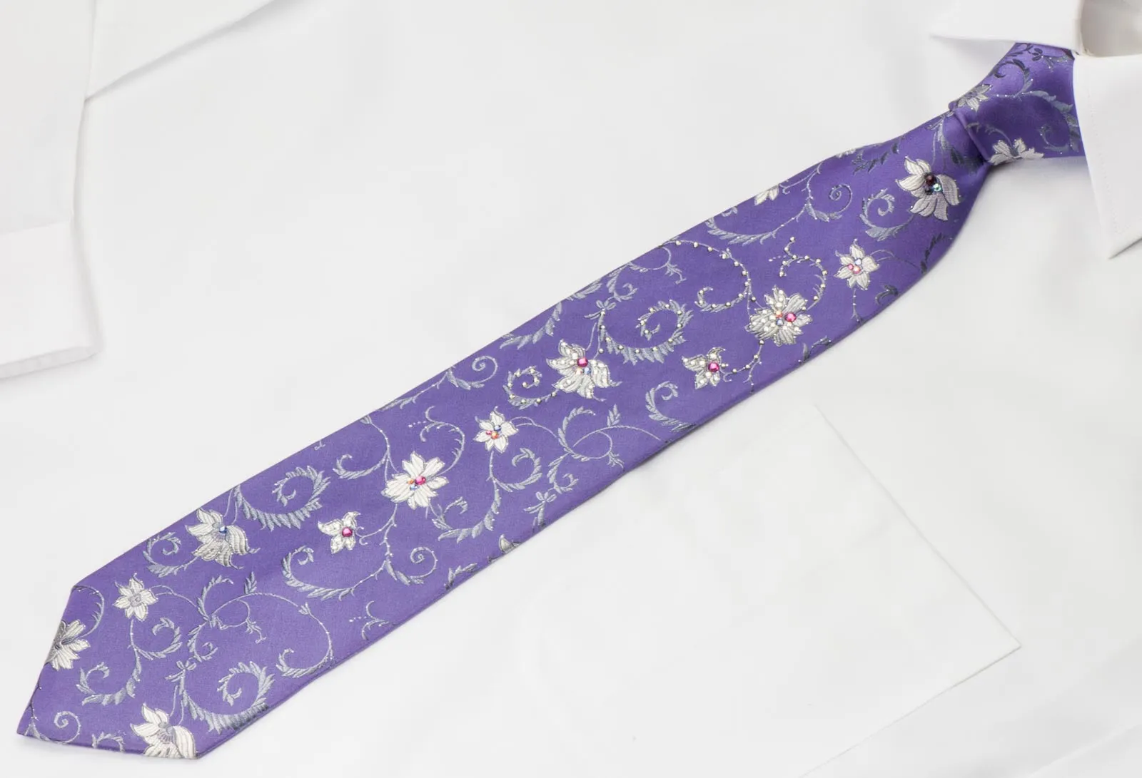 Pierre Cardin Rhinestone Necktie Silver Floral On Mauve With Silver Sparkles