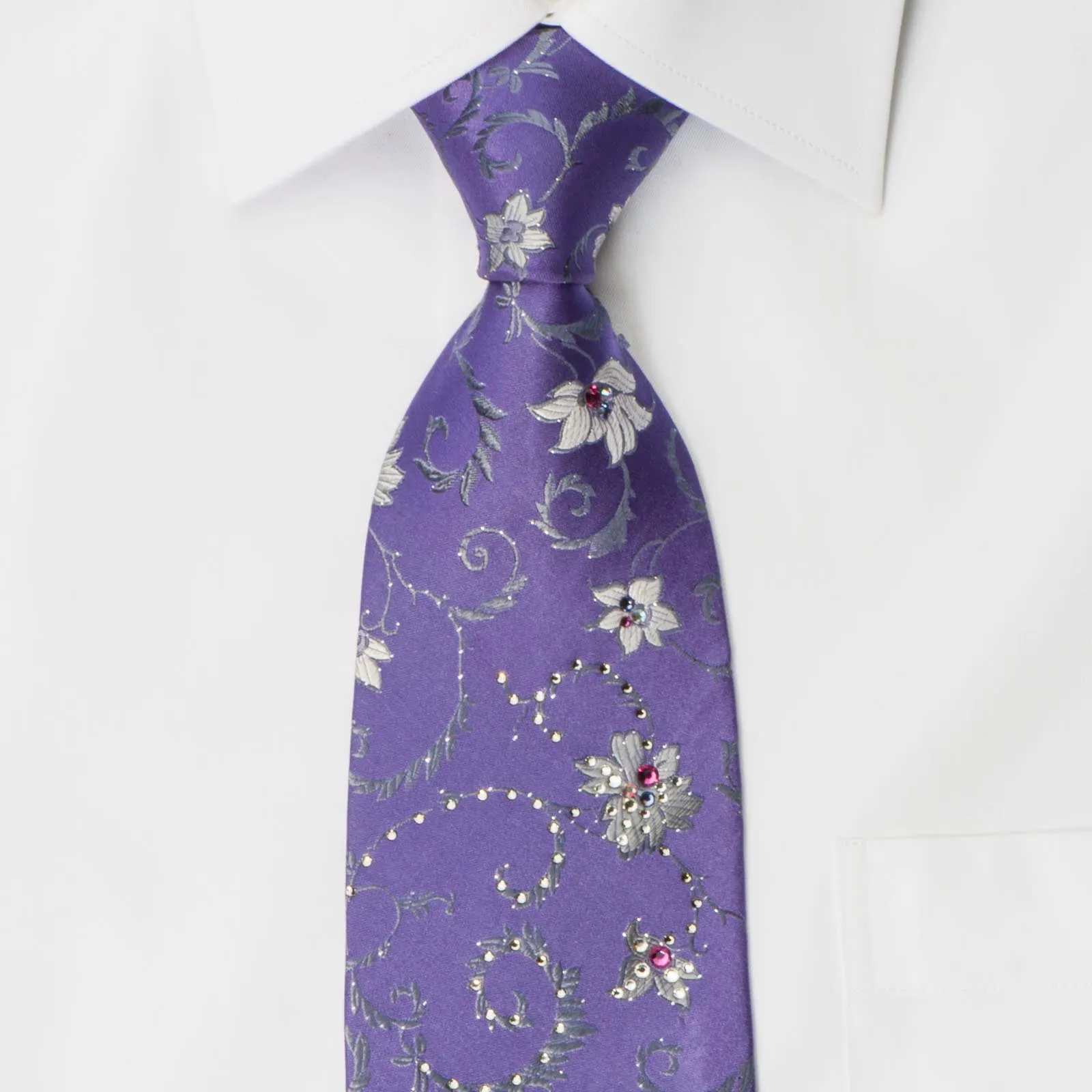 Pierre Cardin Rhinestone Necktie Silver Floral On Mauve With Silver Sparkles