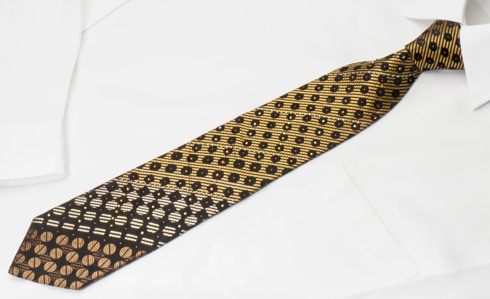 Pierre Cardin Rhinestone Silk Necktie Black Dots On Gold With Silver Sparkles