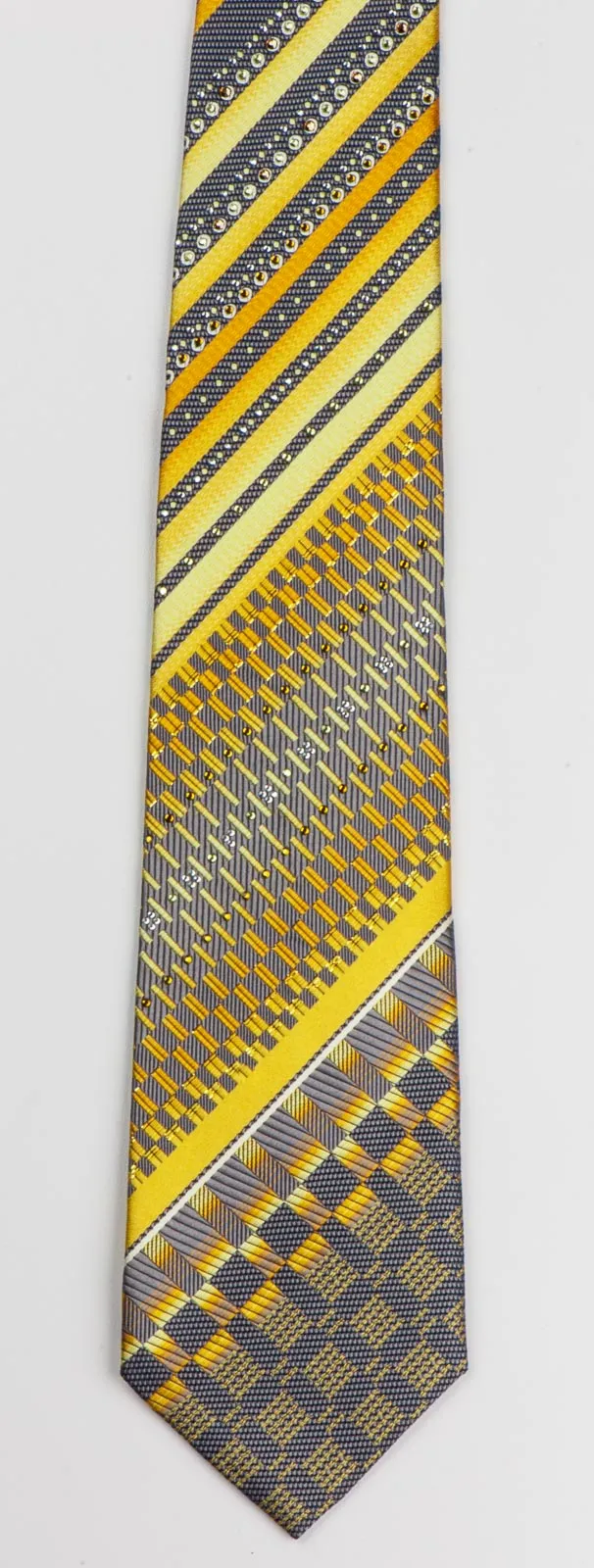 Pierre Cardin Silk Neck Tie Yellow Stripes & Checks On Gray With Rhinestones