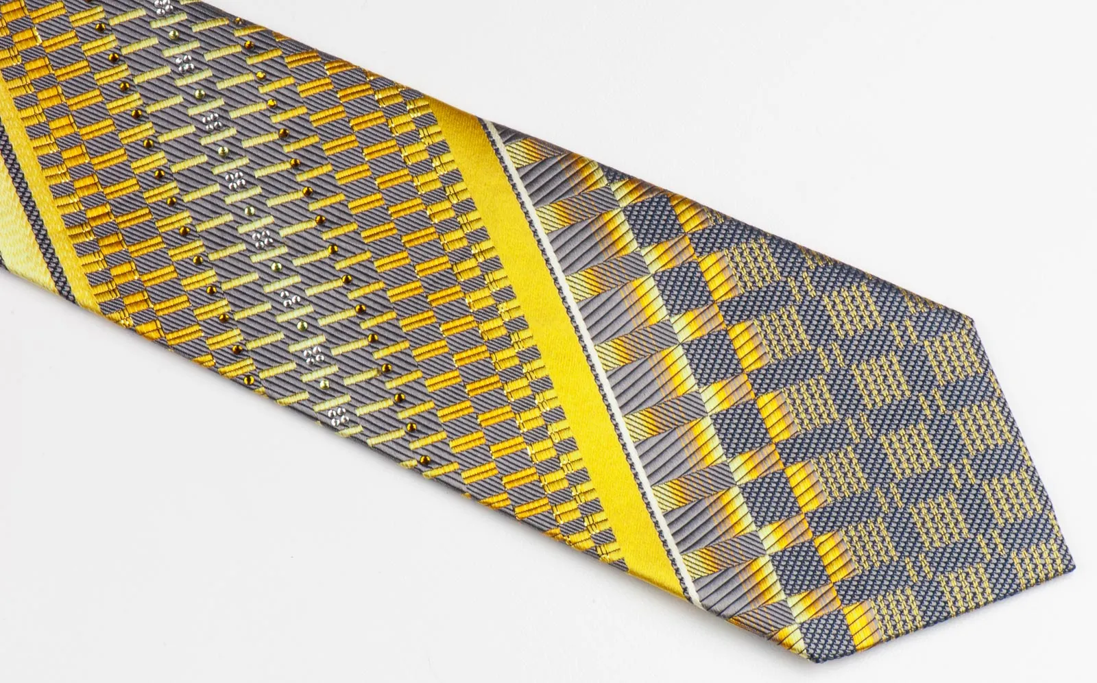 Pierre Cardin Silk Neck Tie Yellow Stripes & Checks On Gray With Rhinestones