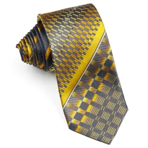 Pierre Cardin Silk Neck Tie Yellow Stripes & Checks On Gray With Rhinestones