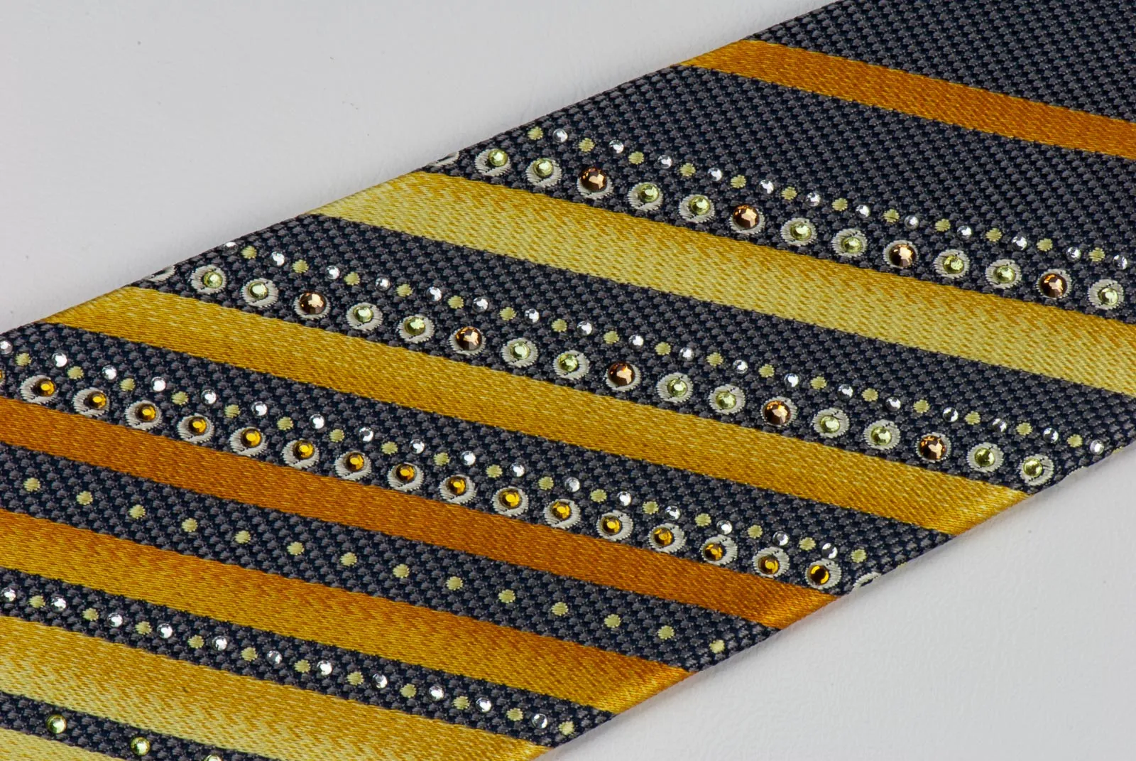 Pierre Cardin Silk Neck Tie Yellow Stripes & Checks On Gray With Rhinestones