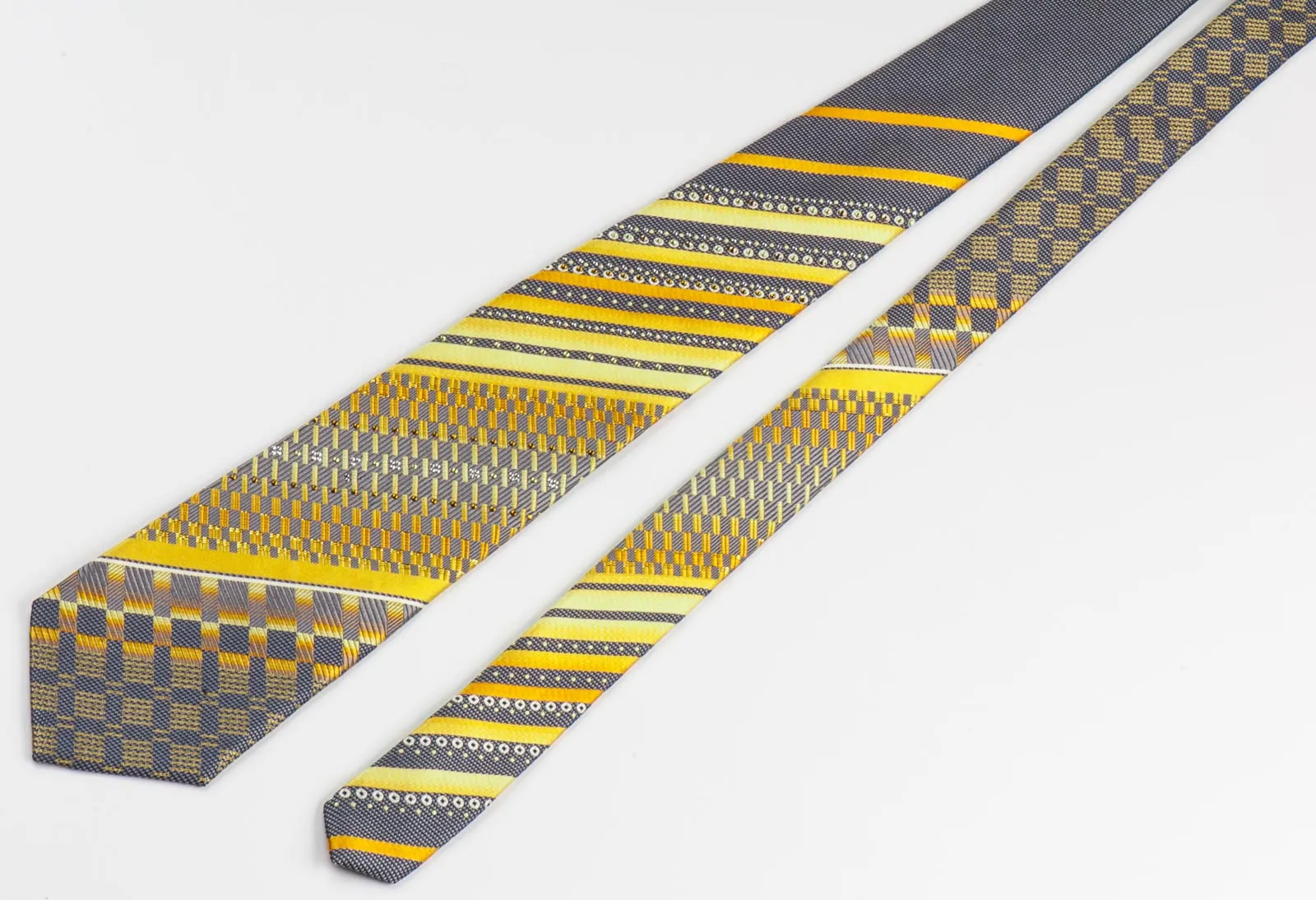 Pierre Cardin Silk Neck Tie Yellow Stripes & Checks On Gray With Rhinestones