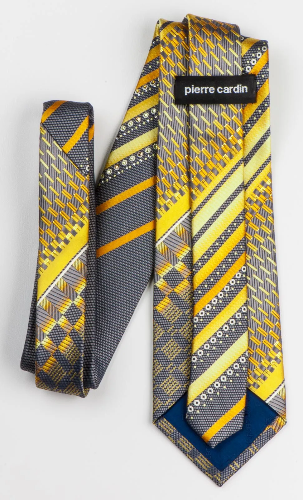 Pierre Cardin Silk Neck Tie Yellow Stripes & Checks On Gray With Rhinestones