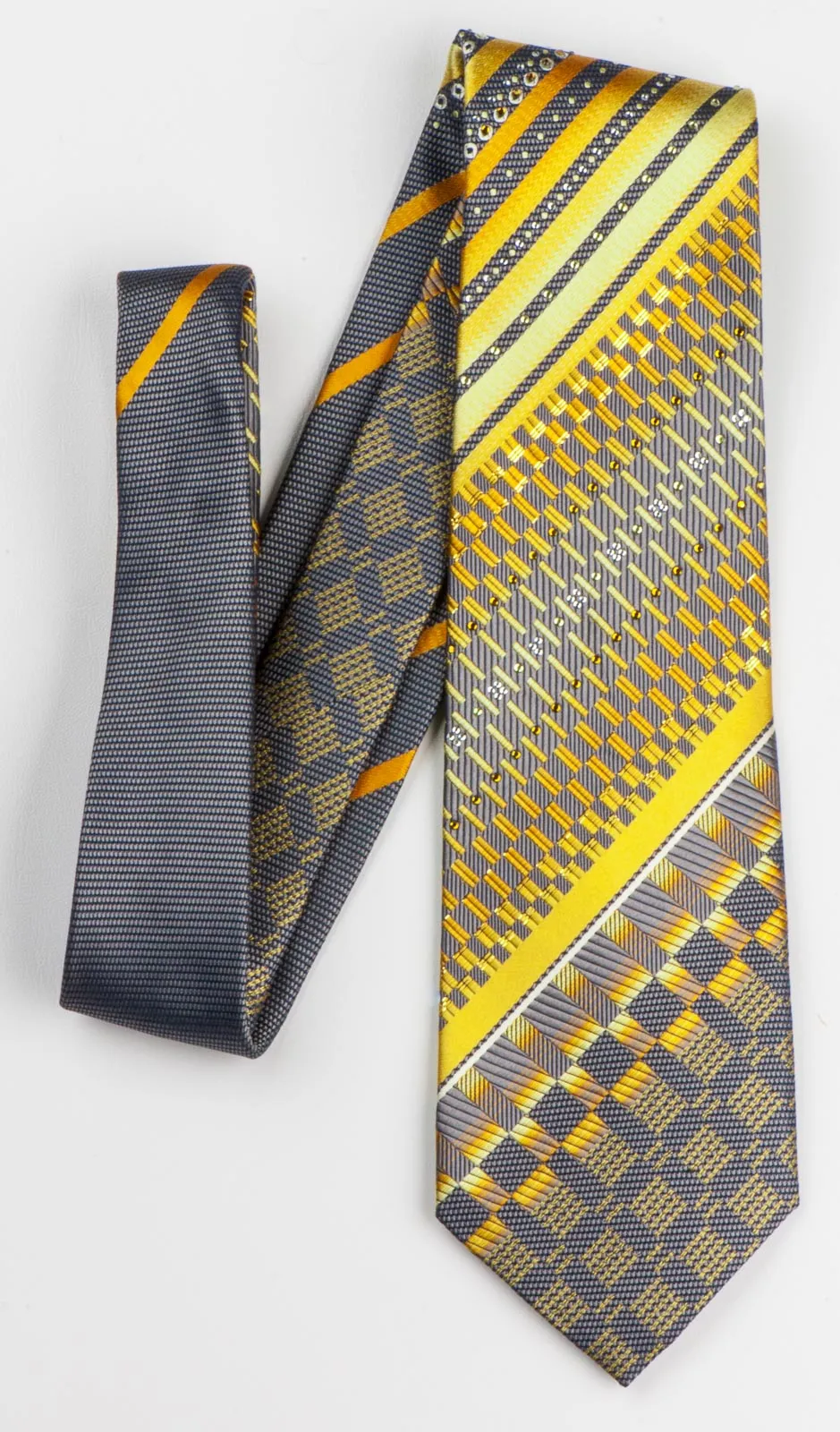 Pierre Cardin Silk Neck Tie Yellow Stripes & Checks On Gray With Rhinestones