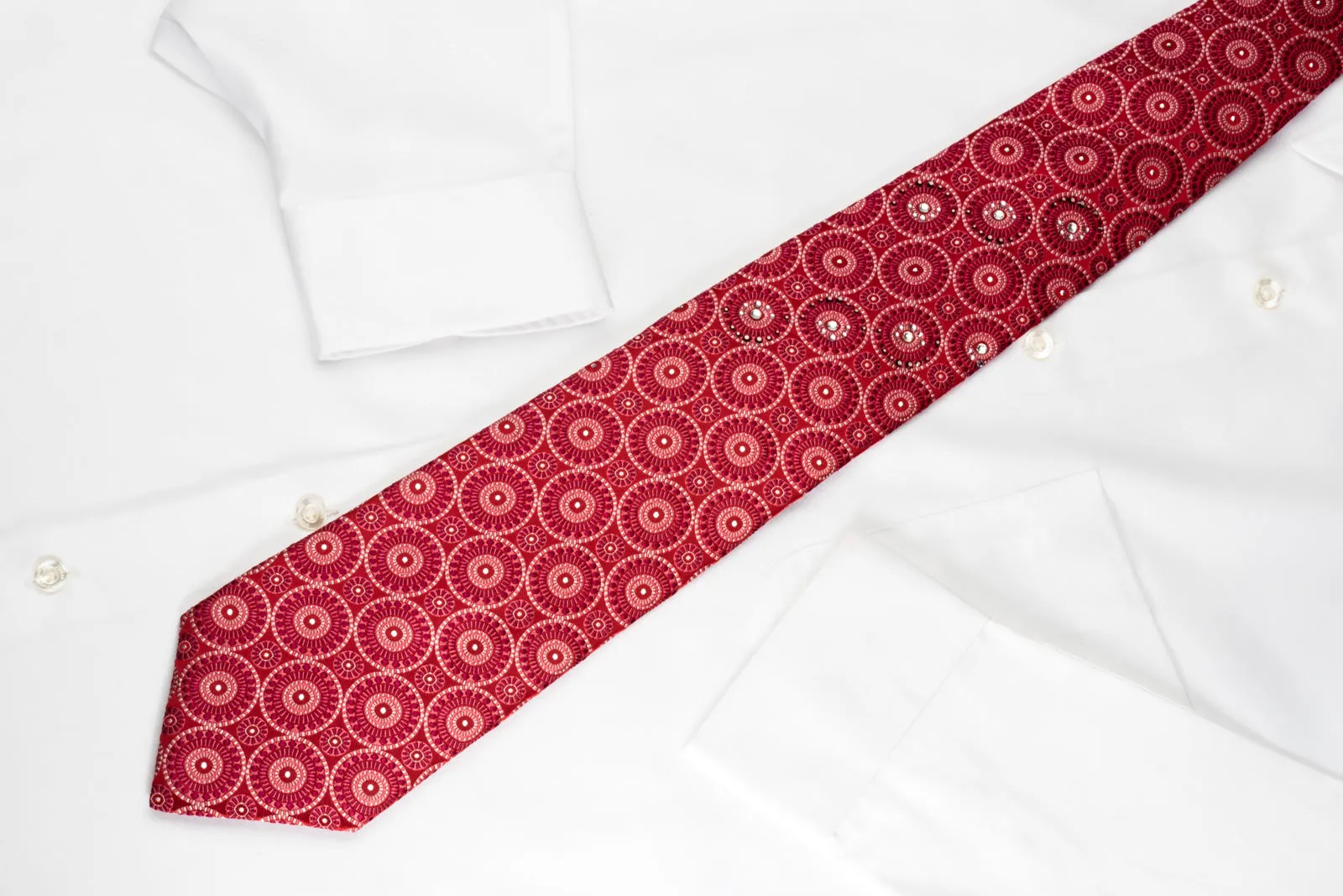 Pierre Cardin Silk Rhinestone Necktie Medallions On Red With Silver Sparkles